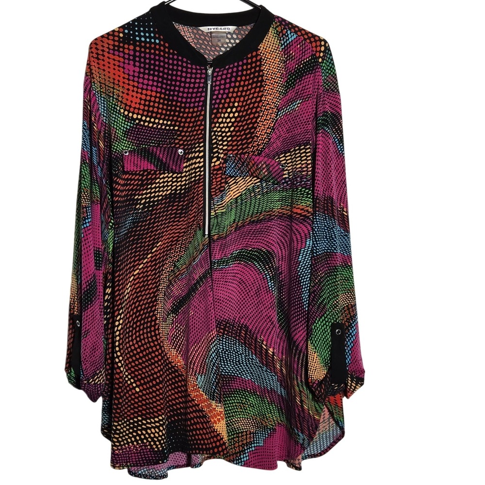 Nygard Half Zip Tunic Top Plus 3X Roll Tab Sleeve Abstract Art Maximalist Boho